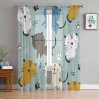 Cute Cats Tulle Sheer Window Curtains For Living Room The Bedroom Modern Chiffon Voile Organza Curtains Decor Drapes 135W x 213H(cm)