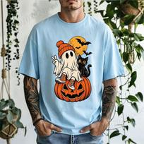 Men Halloween Retro Ghost Black Cat Graphic T‑Shirt Cute Ghost Pumpkin Print Short Sleeve Casual Fall Holiday Party Tee Tops XL gray