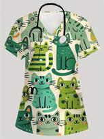 Veterinary Cat Cartoon Print Medical Uniforms Woman Fashion V-Neck Pocket Healthcare Scrub Leisure Dentist Uniform Nurse Woman XL