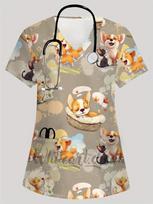 Veterinary Cat Cartoon Print Medical Uniforms Woman Fashion V-Neck Pocket Healthcare Scrub Leisure Dentist Uniform Nurse Woman XXL