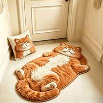Lazy Orange Tabby Cat Shaped Irregular Carpet 2D Printed Non Slip Washable Soft Bedroom Entryway Floor Rug 50x80cm 20x31inch beige