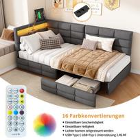 Sofa-lova 90x200 cm, apmušta lova su LED, USB ir 2 stalčiais, lininis audinys, pilka