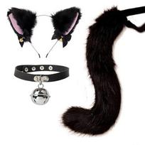Handmade Cat Ear Bell Headband Tail Accessory Sets Black Furry Halloween Cosplay Party Dance Performance Apparel Costume Props black