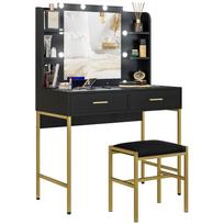 Vanity Table with 10-Light Mirror and Upholstered Stool. Makeup Station with 2 Drawers. 6 Storage Shelves and Non-Slip Feet for Bedroom. Black.