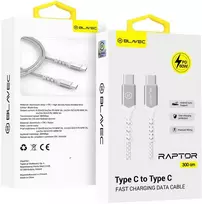 Blavec kabelis Raptor pintas – Type C į Type C – PD 60W 3A 3 metrai (CRA-CC3WS30) baltos-sidabrinės spalvos