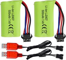 2x Didelės spartos ličio baterijos 7.4V 500mAh – Suderinamos su EC16 DE85 RC valčiai, laivo modeliui, automobiliui – su USB įkrovikliu