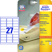 Lipnios etiketės Avery Zweckform, A4, nuimamos, 63.5x29.6mm, 27 etiketės lape, 25 lapai