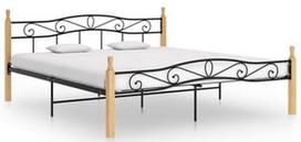 Lova VLX Metal & Solid Oak Wood 324917, juoda/medžio, 210x207 cm, su grotelėmis