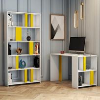 Kalune Design Studijų stalas ir knygų lentynos Lima - Baltas, Geltona