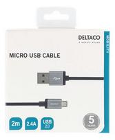 USB sinchronizavimo / įkrovimo kabelis, pintas, USB-A ma - USB Micro B ma, 2m, 2.4A, USB 2.0 DELTACO