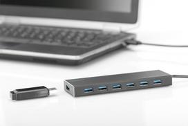 5v usb laidas - DIGITUS USB 3.0 Hub 7-port Incl. 5V / 3.5A power supply aluminum housing - 6 nuotrauka