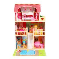 leliu namelis su baldais - Medinis lėlių namelis su baseinu ECOTOYS - 2 nuotrauka
