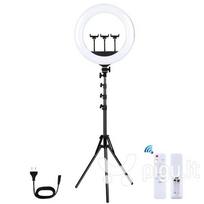 LED žiedinė lempa 46cm, su trikoju stovu iki 1.8m ir 3 telefono laikikliais, USB