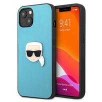 apple iphone 13 odinis deklas - Karl Lagerfeld Leather Karl Head Metal Logo iPhone 13 Mini, apple iphone 13 mini, žydra - 1 nuotrauka