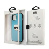 apple iphone 13 odinis deklas - Karl Lagerfeld Leather Karl Head Metal Logo iPhone 13 Mini, apple iphone 13 mini, žydra - 8 nuotrauka