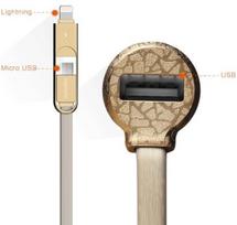 usb car 12v - Remax 3in1 Car Charger With Lightning/Micro USB Silicone Cable/USB Plug Golden - 2 nuotrauka