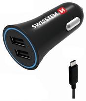 Swissten Premium Dual USB Car Charger + USB-C Data Cable 100cm Black