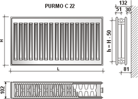 centrines - Radiatorius PURMO C 22 600-1400, pajungimas šone - 1 nuotrauka