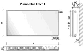 centrines - Radiatorius PURMO FCV 11, 600-1100, pajungimas apačioje - 1 nuotrauka