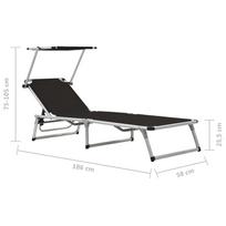 Gultas VLX Folding Sun Loungers with Roof 2 pcs, juodas, 186 cm x 58 cm x 75 - 105 cm
