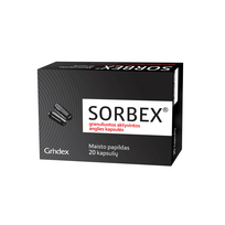 anglies granules - GRINDEX granuliuotos aktyvintos anglies kapsulės SORBEX, 20 kapsulių - 3 nuotrauka