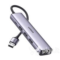 usb c kabelis - UGREEN 5in1 USB-A to 3x USB 3.0 + RJ45 + USB-C adapteris, sidabrinė - 1 nuotrauka