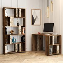 stalas knyga - Kalune Design Studijų stalas ir knygų lentynos Lima - Walnut, Baltas Marble - 2 nuotrauka