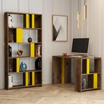 stalas knyga - Kalune Design Studijų stalas ir knygų lentynos Lima - Walnut, Geltona - 2 nuotrauka