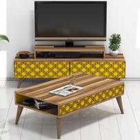 svetaines staliukas - Kalune Design Svetainės baldų rinkinys City - Walnut, Geltona - 2 nuotrauka