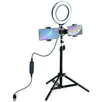 telefono laikiklis trikojui - Puluz LED žiedinė lempa 16cm, su trikoju stovu iki 70cm ir dvigubu telefono laikikliu, USB - 1 nuotrauka