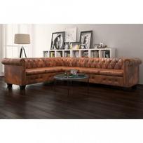 Chesterfield kampinė šešiavietė sofa, dirbtinė oda, ruda