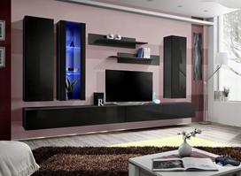 ASM Fly E Living Room Wall Unit Set Vertical Glass Black/Black Gloss