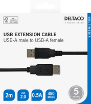 DELTACO USB-A kištukas - USB-A lizdas, 2m, juodas