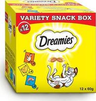 Dreamies Variety Snack Box, vištiena/sūris/lašiša, 0.720 kg, 12 vnt.