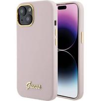 iphone 15 deklas silicone - Guess "Silicone Script Metal Logo & Frame iPhone 15" Pink - 1 nuotrauka