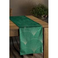 Eurofirany BLINK / 14 Aksominis stalo takelis su su dideliu art deco stiliaus vėduoklės raštu, 35X140 cm, spalva: tamsiai žalia