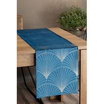 Eurofirany BLINK / 14 Aksominis stalo takelis su su dideliu art deco stiliaus vėduoklės raštu, 35X140 cm, spalva: mėlyna