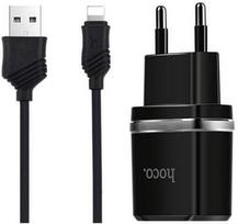 Hoco C12 Universal Dual USB 2.4A Travel Charger + Lightning Cable Black