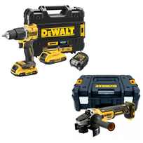 DCD100YD2T + DCG405NT DeWALT 18V XR suktuvas – smūginis gręžtuvas + DeWALT 18V kampinis šlifuoklis (2x2.0 Ah)