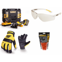 DCG414T2 DeWALT 54V akumuliatorinis kampinis šlifuoklis + apsauginiai akiniai, pirštinės, vienkartiniai ausų kištukai