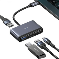 usa adapteriai - USAMS šakotuvas HUB 4in1 2xUSB 2.0/USB 3.0/ USB-C pilkos spalvos SJ627HUB01 (US-SJ627) - 1 nuotrauka