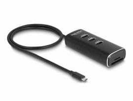 DeLOCK 3 Port USB 10Gbps Hub including SD and Micro SD Card Reader with USB Type-C™ connector 60 cm Cable and Switch for each port, USB 3.2 Gen 1 (3.1 Gen 1) Type-C, USB 3.2 Gen 1 (3.1 Gen 1) Type-A, MicroSD (TransFlash), Micro SDHC, Micro SDXC, SD, SDHC, SDXC, 10000Mbit/s, Juodas, Metal