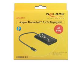 ADAPTERIS USB-C(M)->2X EKRANAS(F) NA KABLU 27CM 4K 60HZ (THUNDERBOLT 3) Juodas DELOCK