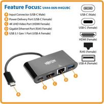 replikatorius - Eaton USB-C 4K HDMI kelių prievadų adapteris, USB-A prievadas, GbE, 60 W PD įkrovimas, HDCP U444-06N-H4GUBC juodas - 1 nuotrauka