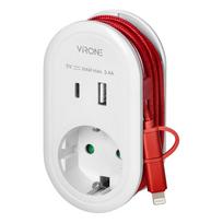 Orno Adapteris su USB įkrovikliu ir įkrovimo laidu (C tipas + Lightning), 1x2P+Z Schuko, 2xUSB (A+C tipas), max 3,4A