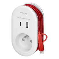 Orno Adapteris su USB įkrovikliu ir įkrovimo laidu (C tipas + Lightning), 1x2P+Z, 2xUSB (A+C tipas), maks. 3,4A