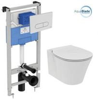 Pakabinamo WC komplektas su rėmu. Komplektą sudaro klozetas Ideal Standard Connect Air AquaBlade su lėtai nusileidžiančiu dangčiu ir Prosys 120M potinkine sistema bei baltos spalvos WC mygtuku.