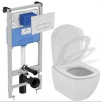 Pakabinamo WC komplektas su rėmu. Komplektą sudaro klozetas Ideal Standard Tesi AquaBlade su lėtai nusileidžiančiu dangčiu ir Prosys 120M potinkine sistema bei baltos spalvos WC mygtuku