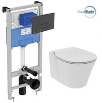 Pakabinamo WC komplektas su rėmu. Komplektą sudaro klozetas Ideal Standard Connect Air AquaBlade su lėtai nusileidžiančiu dangčiu ir Prosys 120M potinkine sistema bei juodos spalvos WC mygtuku.