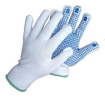 Darbo pirštinės, megztos, su mėlynais PVC taškais iš vienos pusės 3011, baltos spl., 10 dydžio